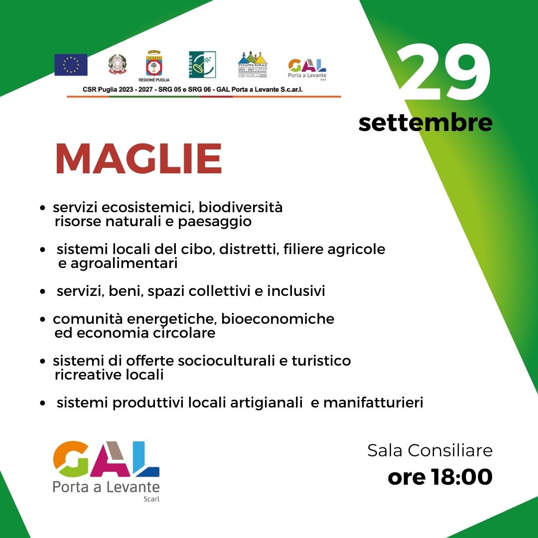 Locandina Incontro Maglie 29 Settembre per nuova Strategia di Sviluppo Locale del GAL Porta a Levante
